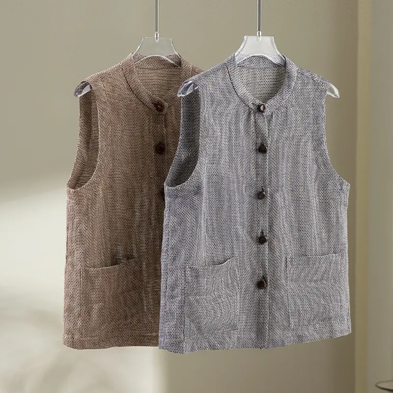 Damen Ärmellose Strickweste mit Stehkragen, Knopfleiste und aufgesetzten Taschen Drune