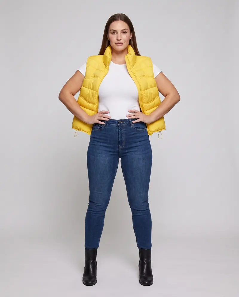 Damen ärmellose thermo gesteppte Weste mit ergonomischer Wellensteppung, hohem Kragen und verstellbarem Kordelzugsaum