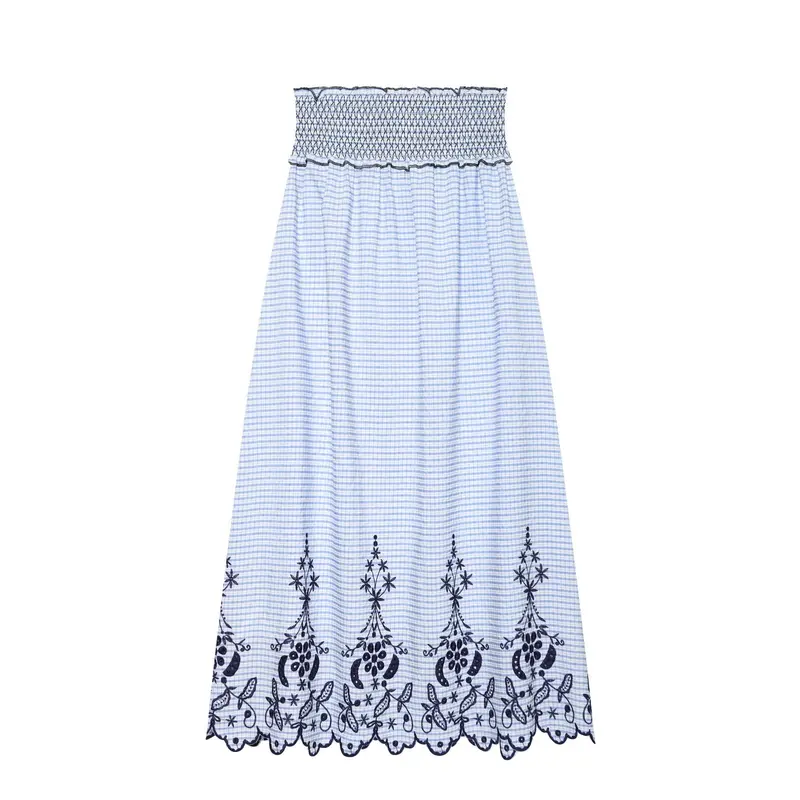 Damen Ärmelloses Maxikleid mit Smokoberteil und floraler Stickerei am Saum Drune