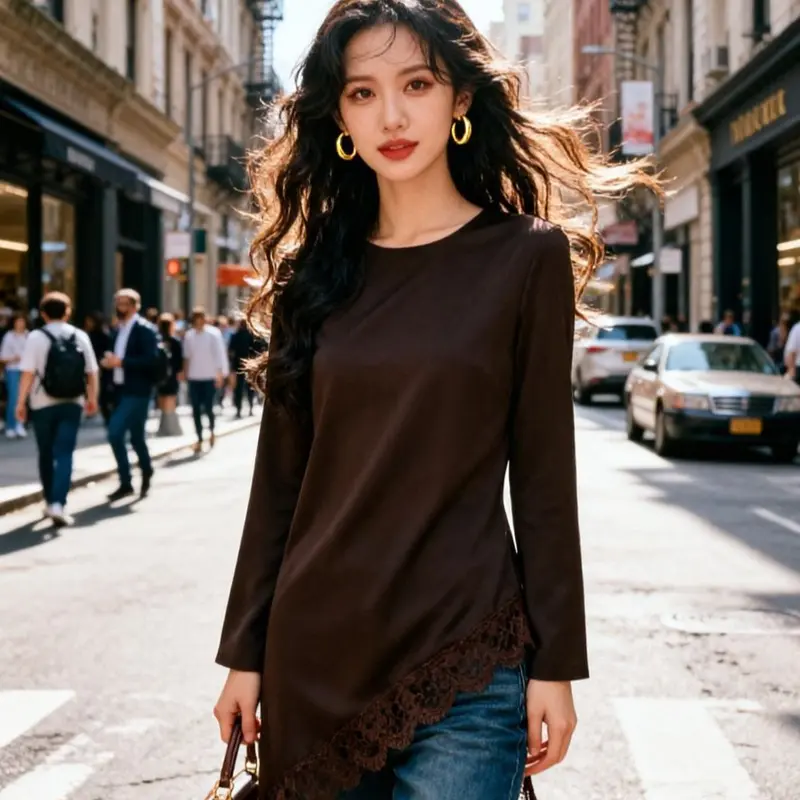 Damen Asymmetrische Chiffonbluse mit Spitzenbesatz und langen Ärmeln Drune