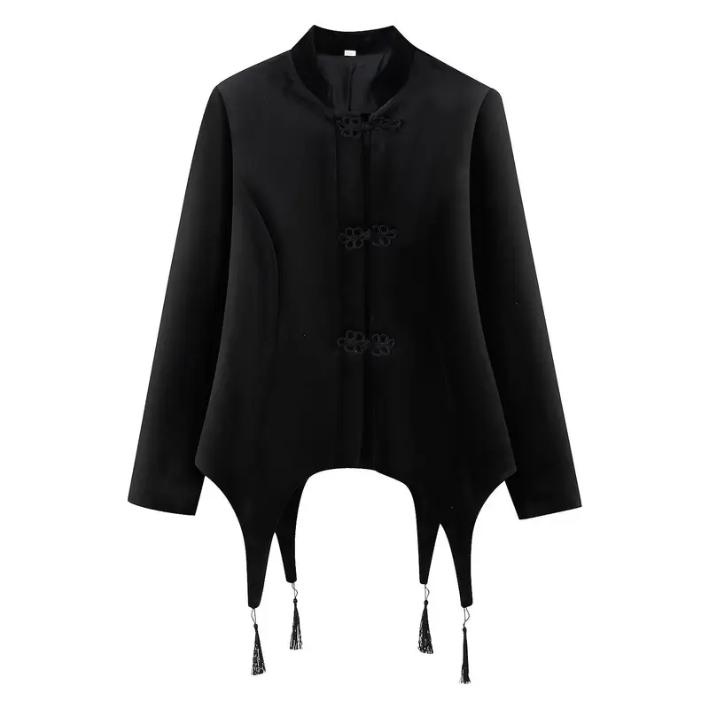 Damen Asymmetrische Kurzjacke mit Stehkragen, Kordelverschlüssen und Quasten-Saum Drune