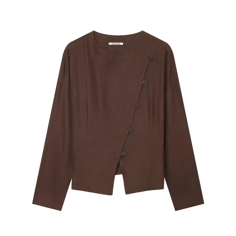 Damen Asymmetrische Leinenbluse mit diagonalem Knopfverschluss Drune