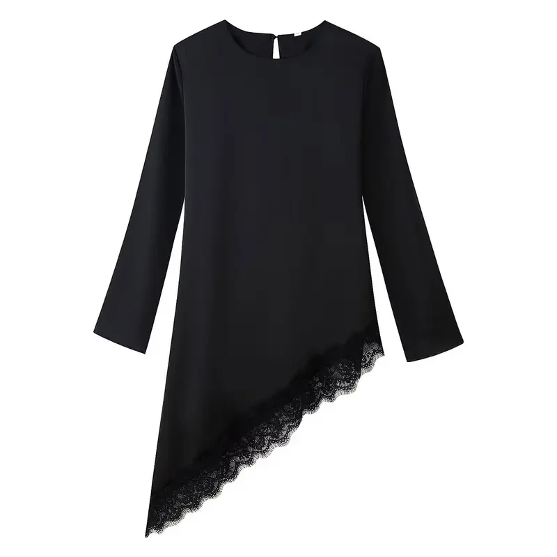 Damen Asymmetrische Tunika mit Spitzensaum und Langarm Drune
