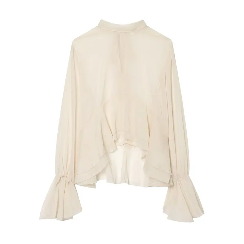 Damen Asymmetrische Volant-Bluse mit hohem Vorderteil, tiefem Rückteil und Trompetenärmeln Drune