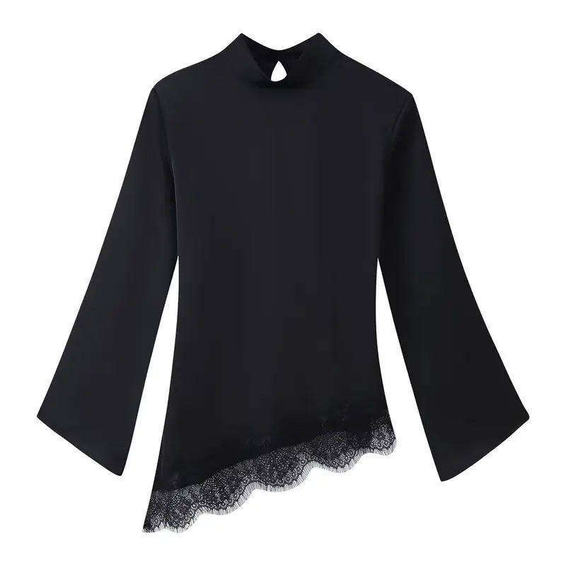 Damen Asymmetrisches Satin-Top mit Spitzenbesatz, Stehkragen und Glockenärmeln Drune