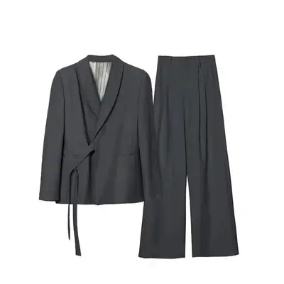 Damen Asymmetrisches Wickel-Blazer-Set mit Bindegürtel und weitem Bundfaltenhose Drune