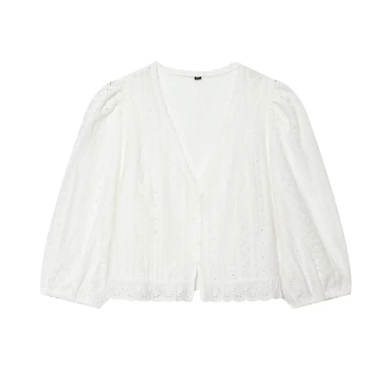 Damen Baumwoll-Spitzen-Cardigan mit V‑Ausschnitt, Knopfleiste und Ballonärmeln Drune