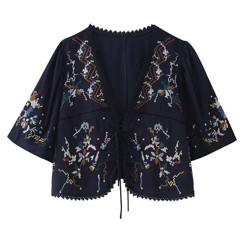 Damen Bestickte Boho-Kimono-Jacke mit Bindeband und Häkelbesatz Drune