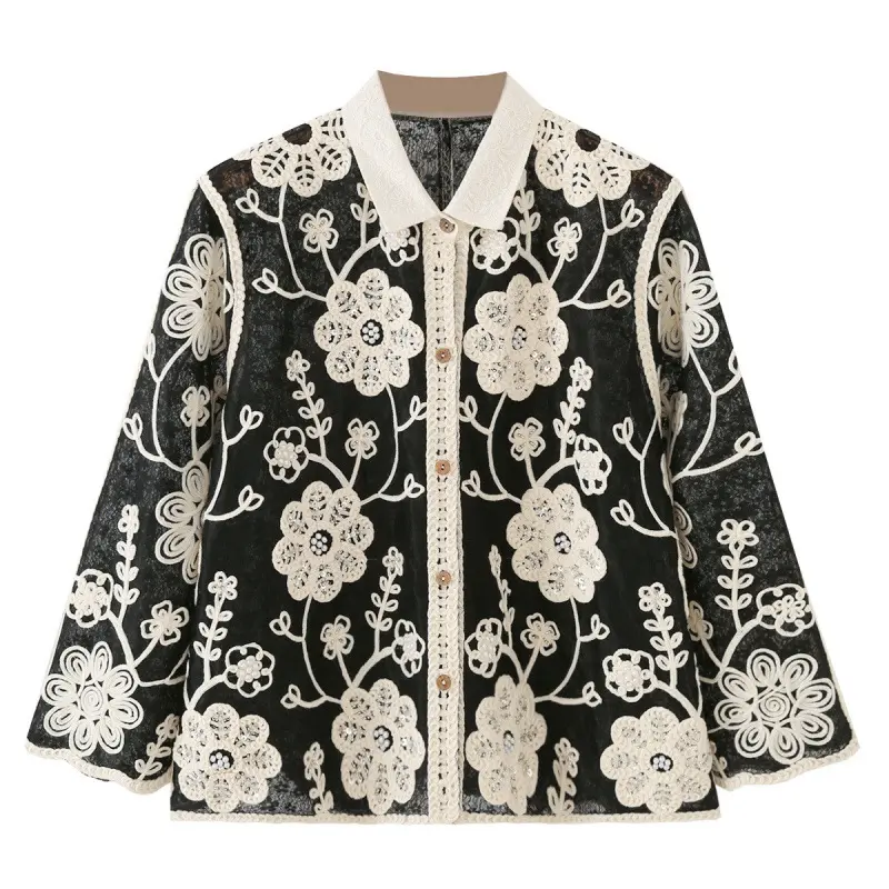 Damen Bestickte Häkeljacke mit Blumenapplikationen und Hemdkragen Drune