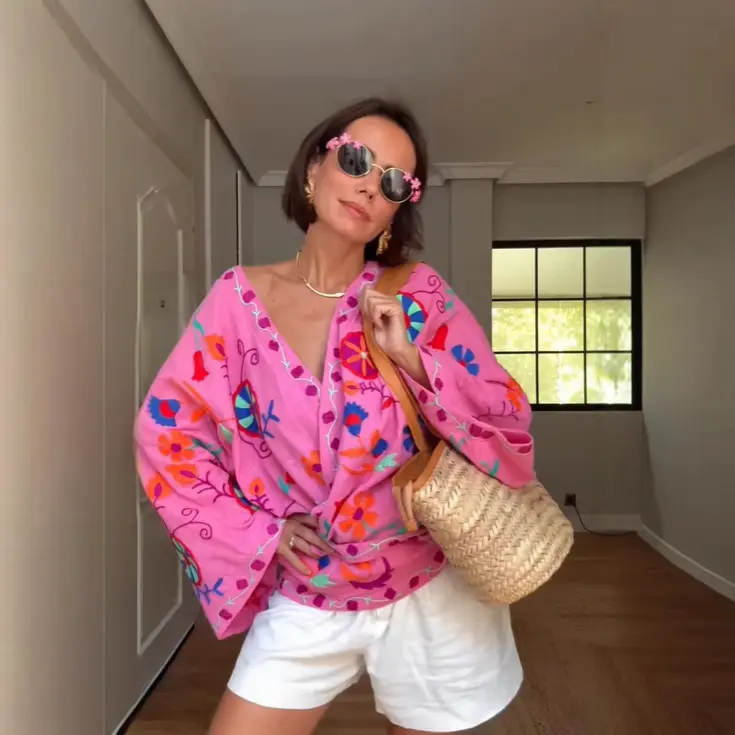 Damen Bestickte Kimono-Jacke mit Bindeband und Blumenapplikation Drune