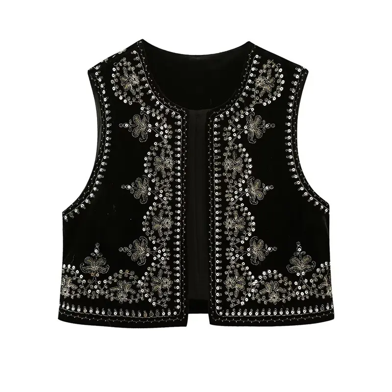 Damen Bestickte Samt-Cropped-Weste mit Perlen- und Paillettenbesatz Drune
