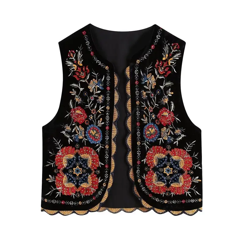 Damen Bestickte Samtweste mit folklorischer Perlenstickerei und gewelltem Saum Drune