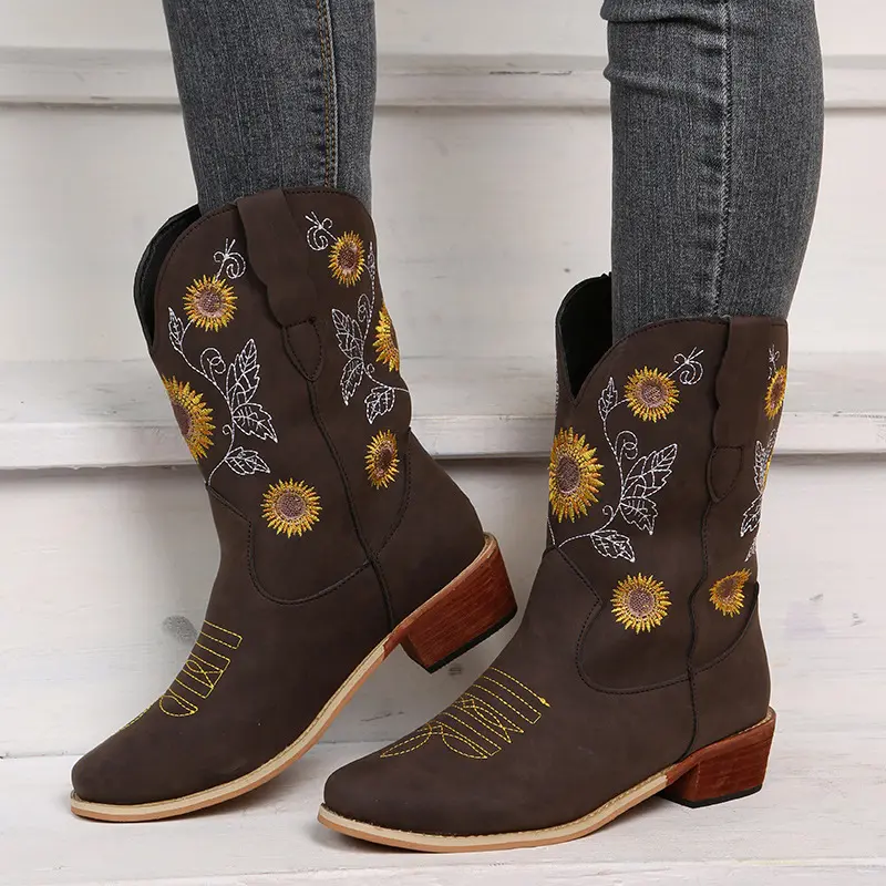 Damen Bestickte Western‑Stiefel mit Sonnenblumenmotiv und mittlerem Blockabsatz Drune