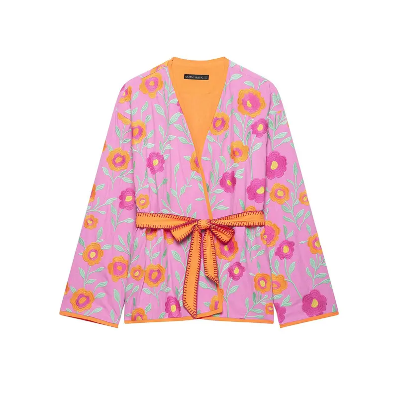 Damen Besticktes Kimono-Blouson mit Taillengürtel und floraler Stickerei Drune