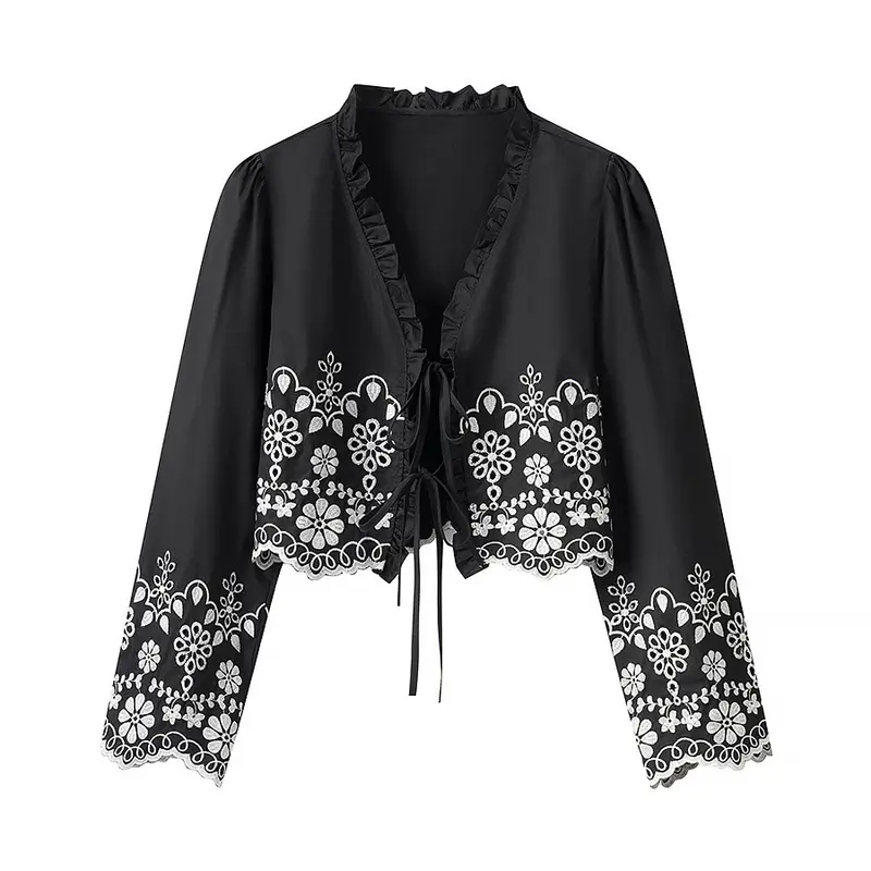 Damen Besticktes Kurzbolero mit Rüschen-V-Ausschnitt und Schnürverschluss Drune