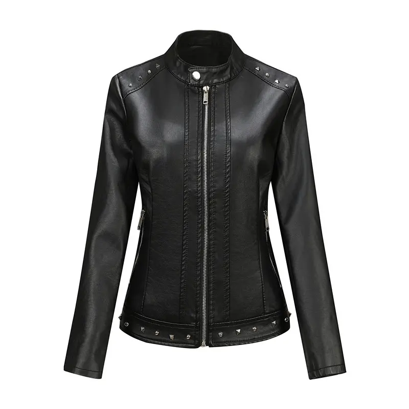 Damen Bikerjacke aus Lederimitat mit Nietenverzierung und tailliertem Schnitt Drune