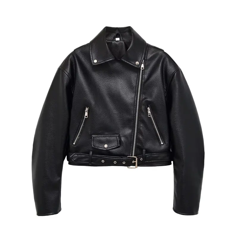 Damen Bikerjacke aus veganem Lederimitat mit asymmetrischem Reißverschluss und Taillengürtel Drune