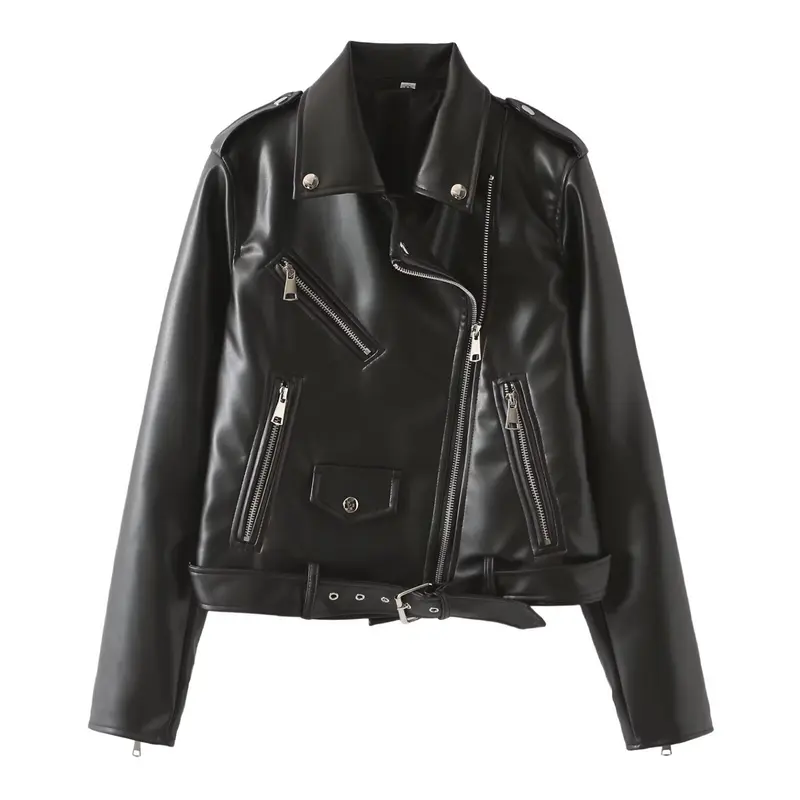 Damen Bikerjacke aus veganer Lederoptik mit Taillengürtel und asymmetrischem Reißverschluss Drune