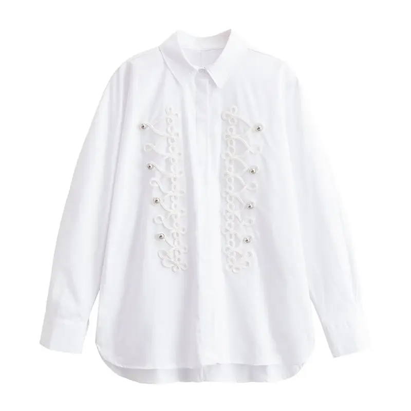 Damen Bluse mit dekorativen Froschverschlüssen und Zierkordeln Drune