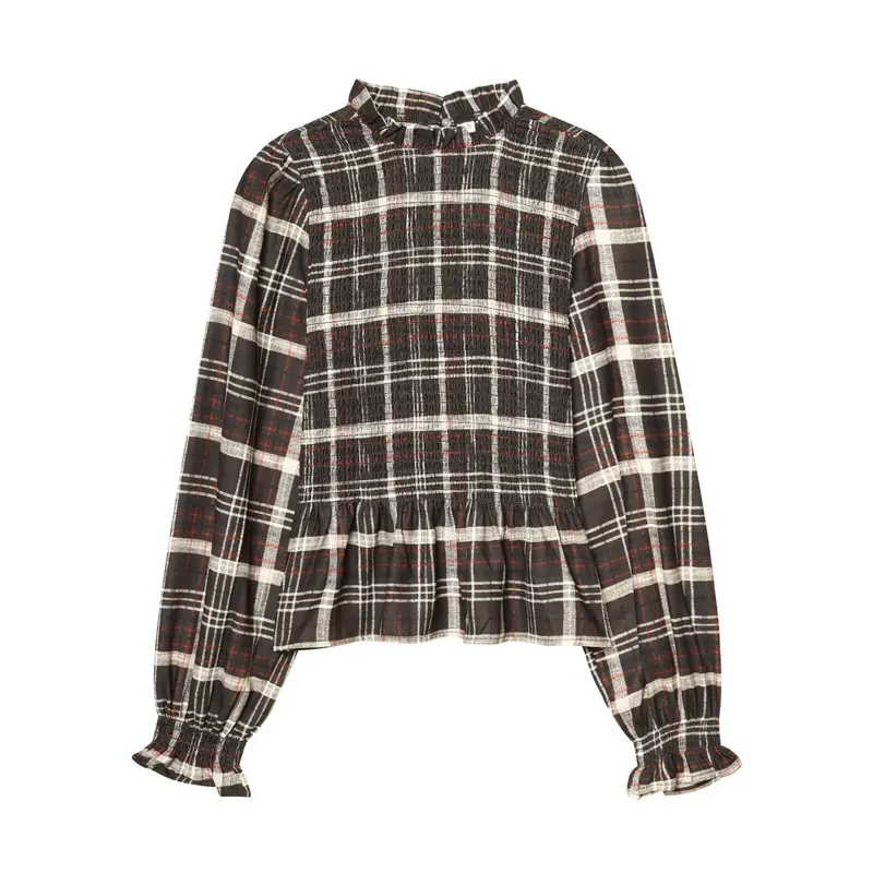Damen Bluse mit Smok-Detail, Rüschenkragen und Volumenärmeln Drune