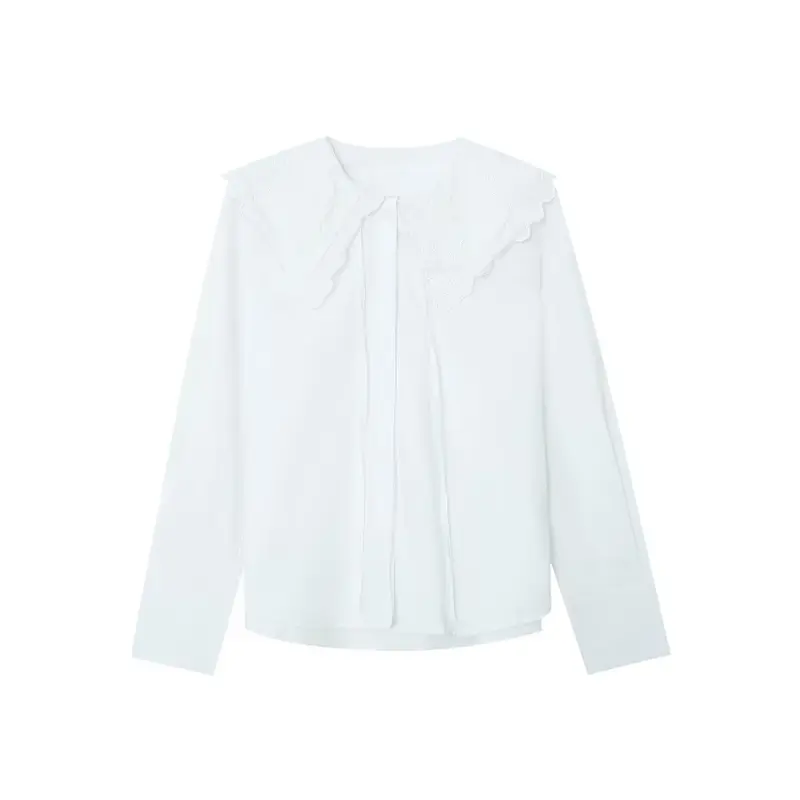 Damen Bluse mit übergroßem besticktem Spitzenkragen und Bindeband Drune
