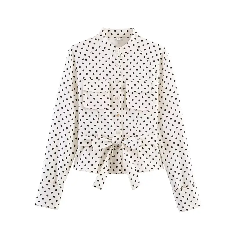 Damen Blusejacke mit Bindegürtel, Brusttaschen und Polka-Dot‑Muster Drune