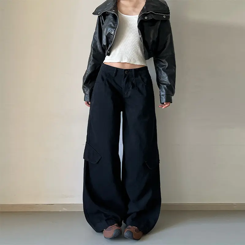 Damen Bodentiefe Utility-Palazzo-Hose aus schwerem Twill mit seitlichen Pattentaschen Drune