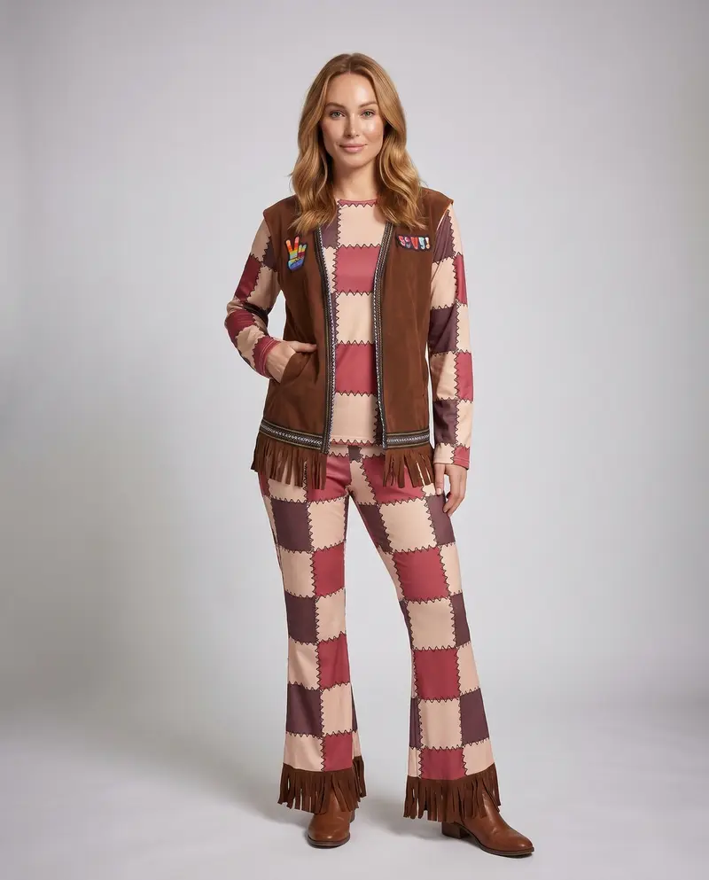 Damen Boho-Chic Freizeitanzug mit Fransen und bunten Mustern Drune