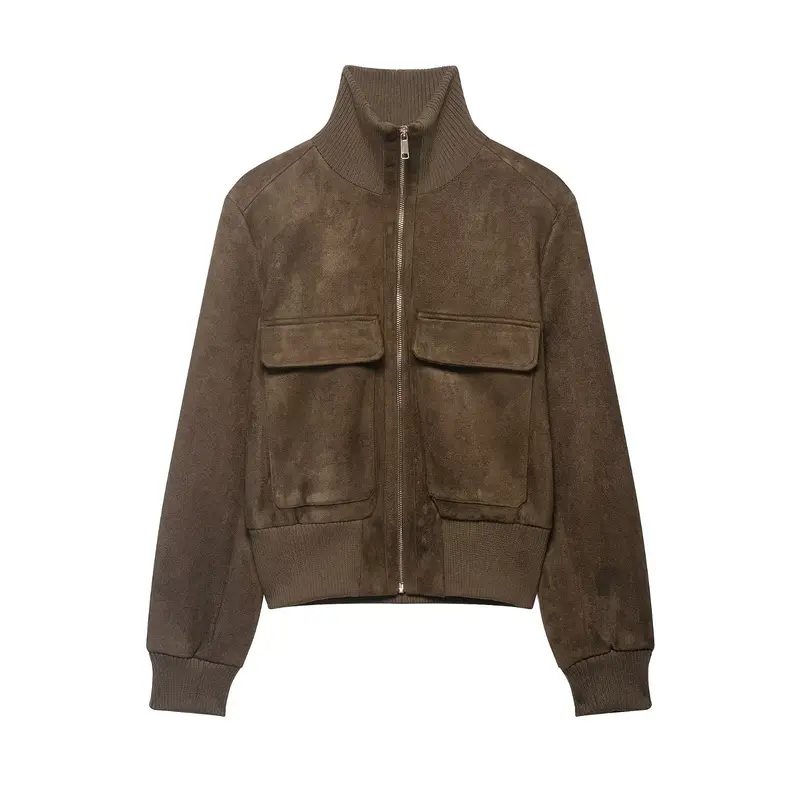 Damen Bomberjacke aus Velourslederoptik mit hohem Rippkragen und Pattentaschen Drune