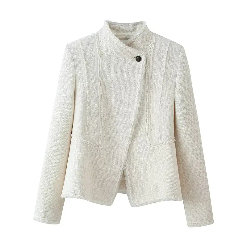Damen Bouclé-Blazer mit Stehkragen, taillierter Silhouette und Fransenbesatz Drune