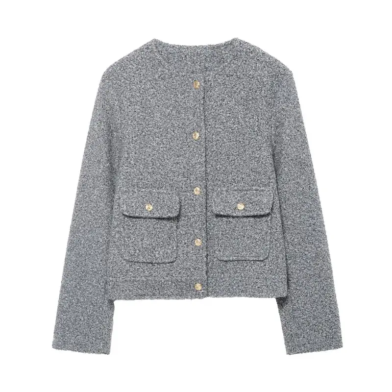 Damen Bouclé Cropped Jacke mit Goldknöpfen und aufgesetzten Pattentaschen Drune