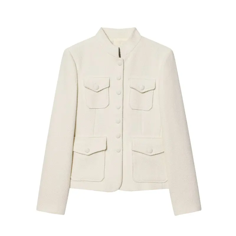 Damen Bouclé-Cropped-Jacke mit Stehkragen, bezogenen Knöpfen und aufgesetzten Pattentaschen Drune