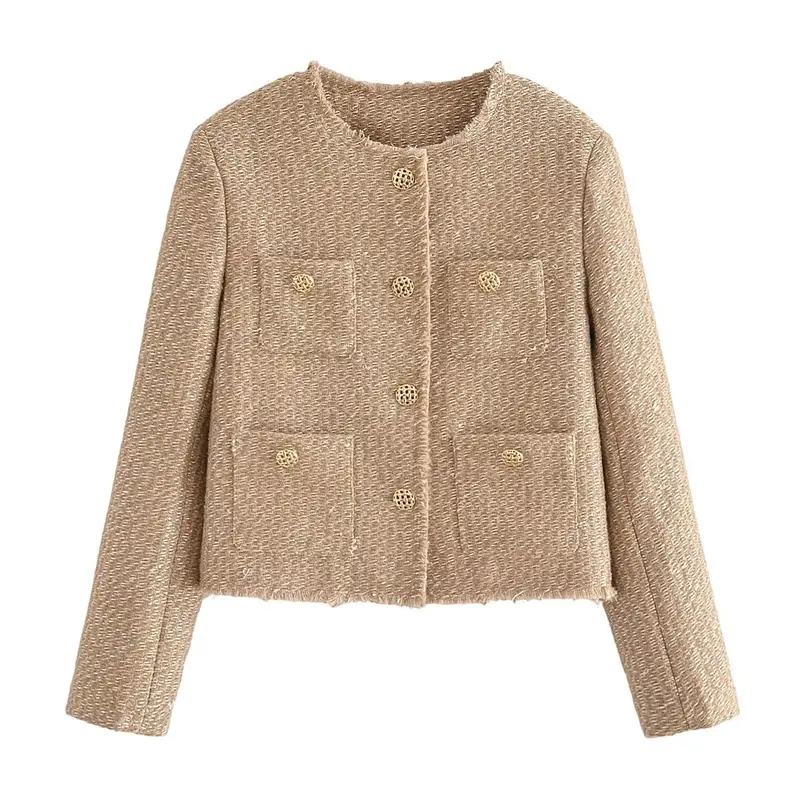 Damen Bouclé-Cropped-Jacke ohne Kragen mit Zierknöpfen und aufgesetzten Taschen Drune