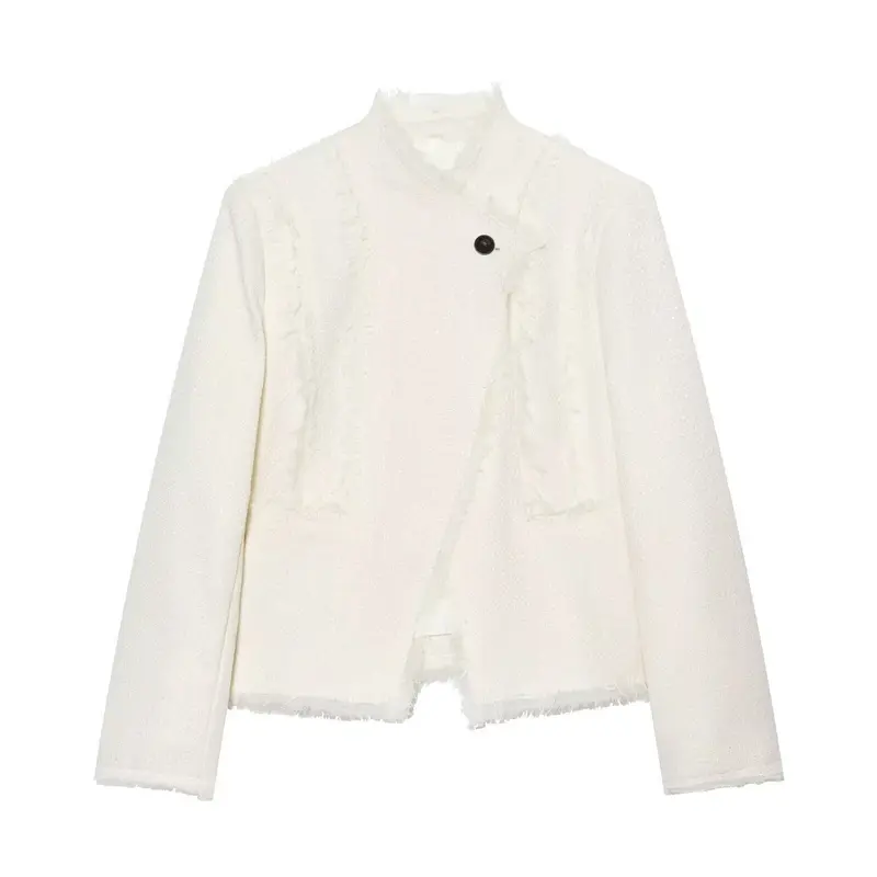 Damen Bouclé-Shortjacke mit Fransenbesatz und asymmetrischem Ein-Knopf-Verschluss Drune