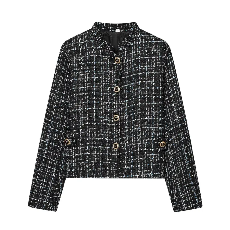 Damen Bouclé‑Tweed‑Cropped‑Jacke mit Stehkragen und goldfarbenen Schmuckknöpfen Drune