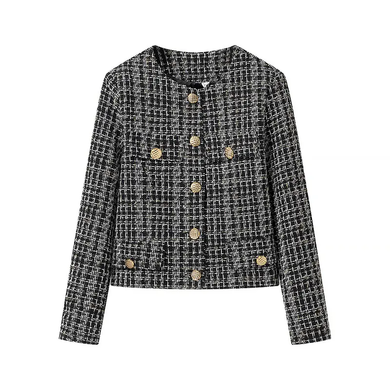 Damen Bouclé-Tweed-Jacke mit Rundhalsausschnitt, goldenen Zierknöpfen und aufgesetzten Taschen Drune