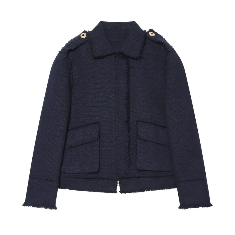 Damen Bouclé‑Tweed Kurzblouson mit Fransen‑Detail, Pattentaschen und Schulterpatten Drune