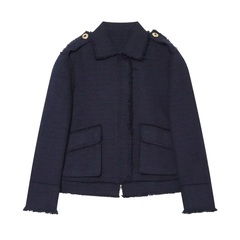 Damen Bouclé‑Tweed Kurzjacke mit Fransenbesatz, Schulterpatten und aufgesetzten Taschen Drune