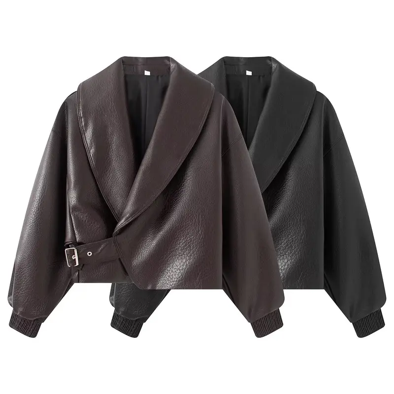Damen Boxy Cropped Blousonjacke aus Kunstleder mit überlappendem Schalkragen und Taillenriemen Drune