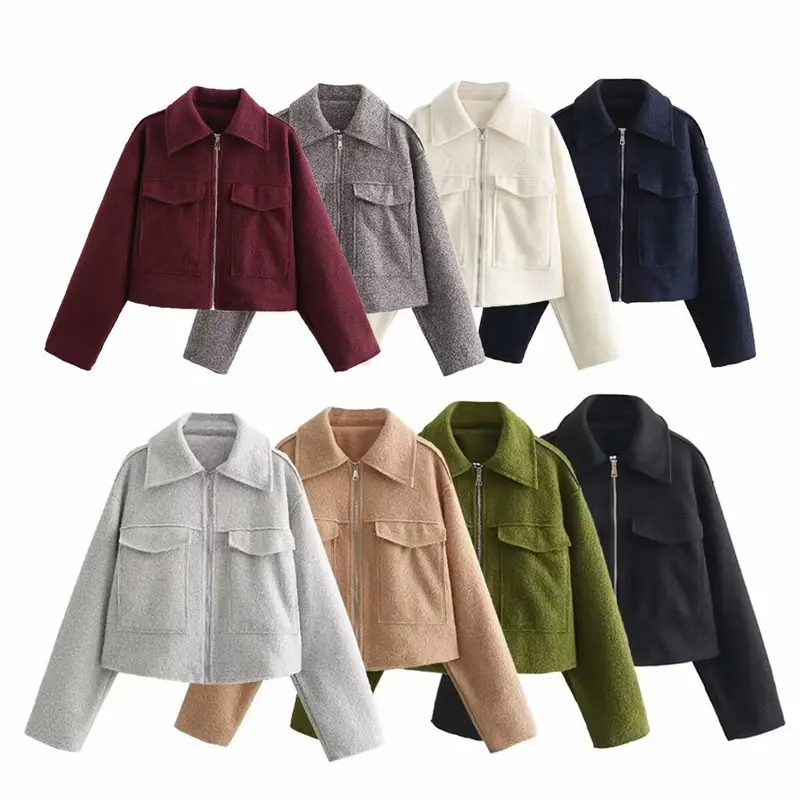 Damen Boxy-Cropped-Jacke aus Bouclé‑Wollmix mit Hemdkragen und aufgesetzten Pattentaschen Drune