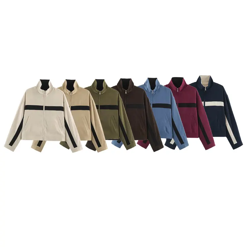 Damen Boxy-Cropped-Übergangsjacke mit Stehkragen, kontraststreifen und Eingrifftaschen Drune