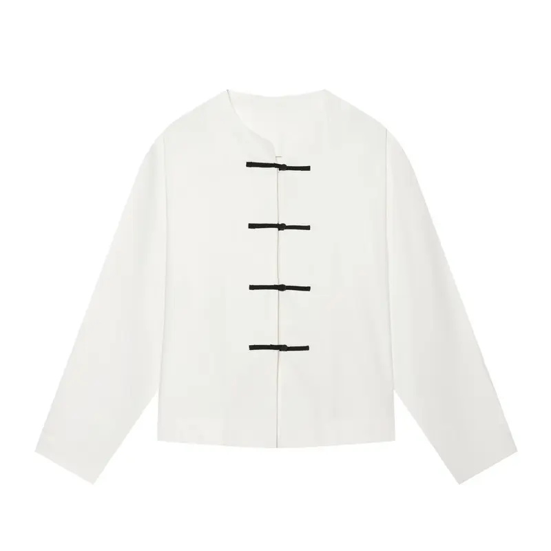 Damen Boxy-Jacke mit Mandarin-Kragen und dekorativen Knotenverschlüssen Drune