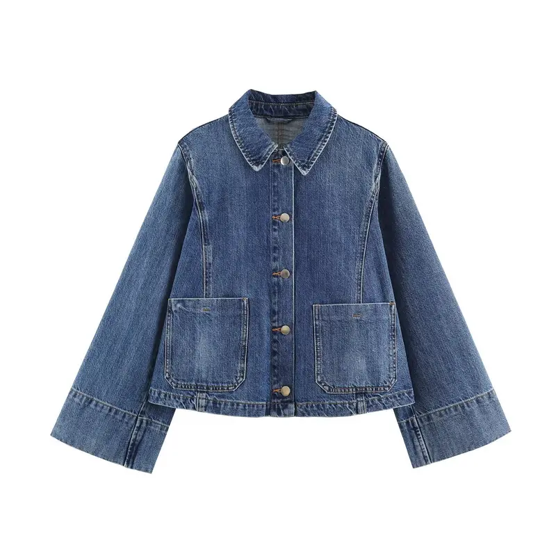 Damen Boxy Jeansjacke mit weiten Ärmeln, aufgesetzten Pattentaschen und Druckknopfverschluss Drune