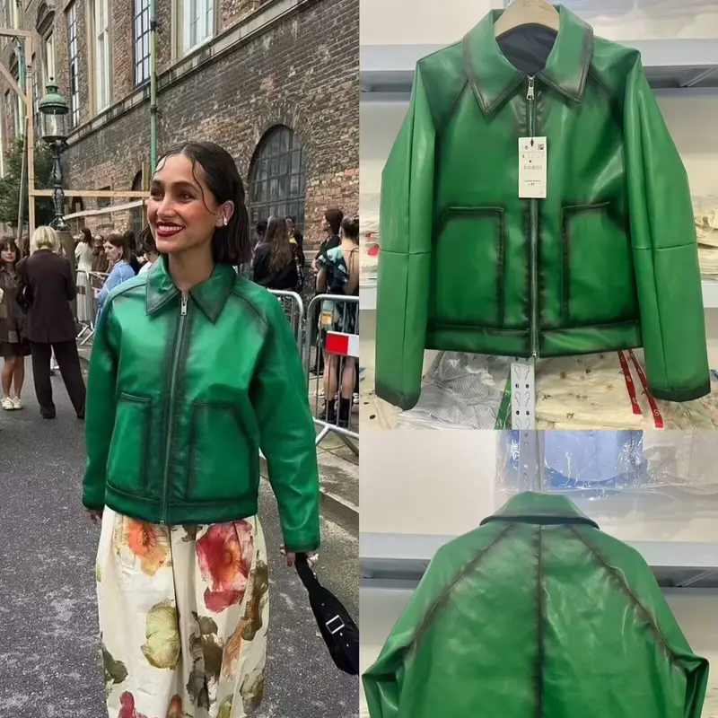 Damen Boxy-Kunstlederjacke mit großem Hemdkragen und durchgehendem Reißverschluss Drune