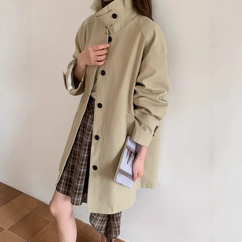 Damen Boxy-Kurzmantel mit hohem Stehkragen sichtbarer Knopfverschluss und seitlichen Eingrifftaschen Drune