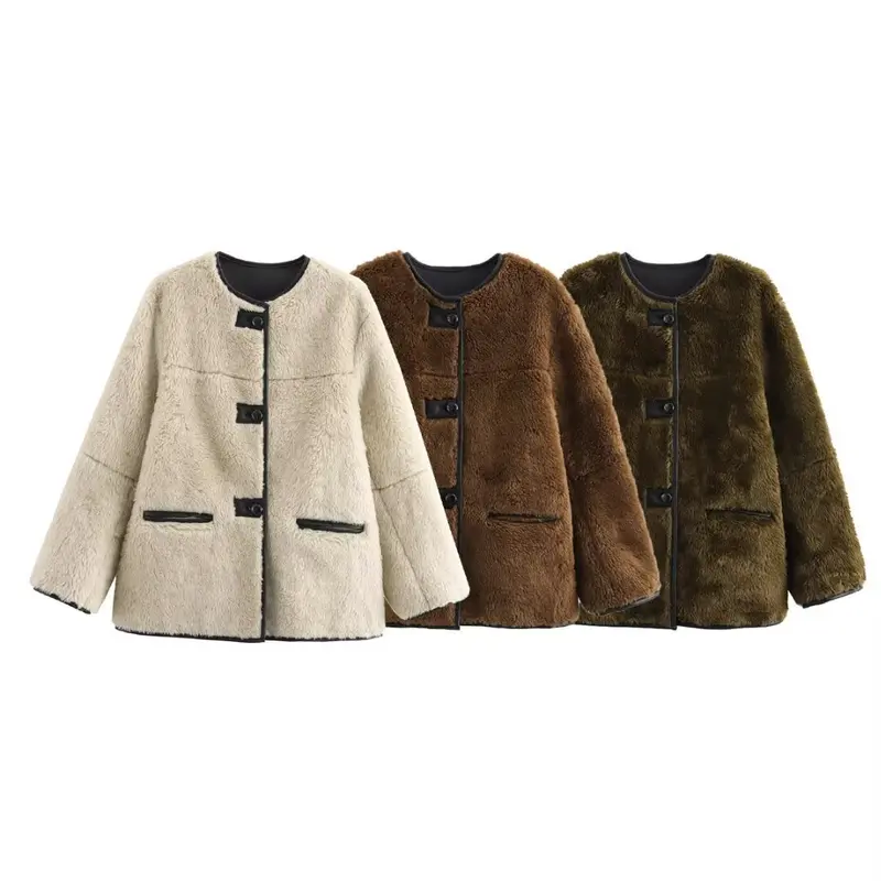 Damen Boxy-Teddyjacke im Faux-Shearling mit Rundhals, Knopfverschluss und Lederpaspeln Drune
