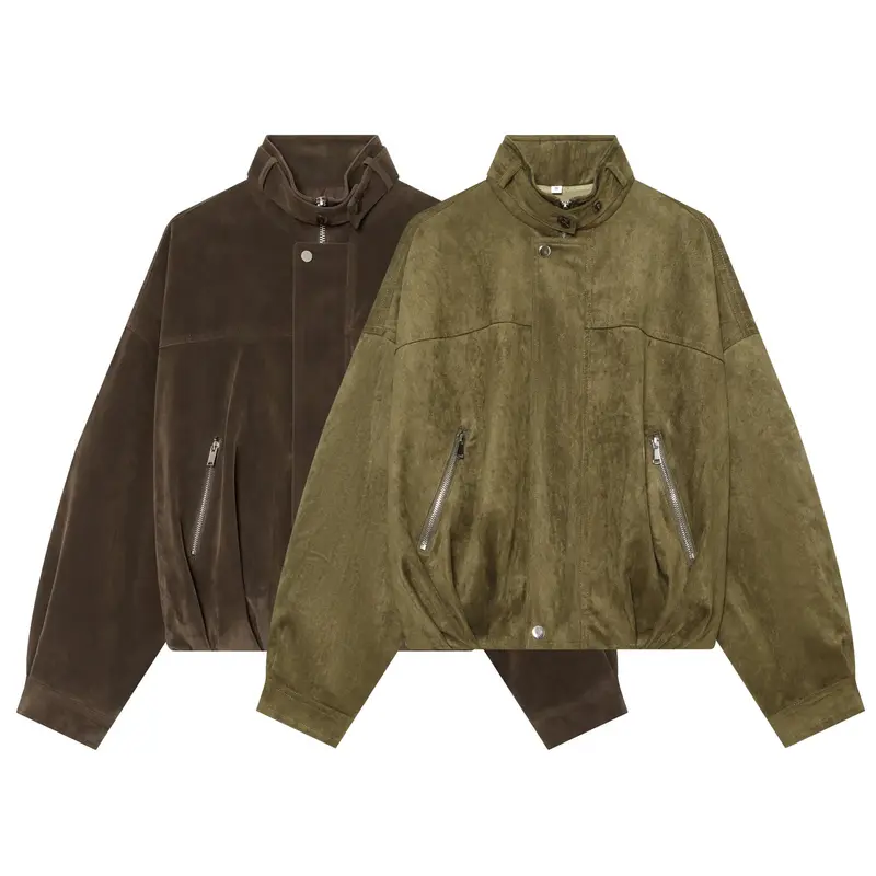 Damen Boxy Veloursleder‑Blousonjacke mit hohem Stehkragen, elastischem Saum und Reißverschlusstaschen Drune