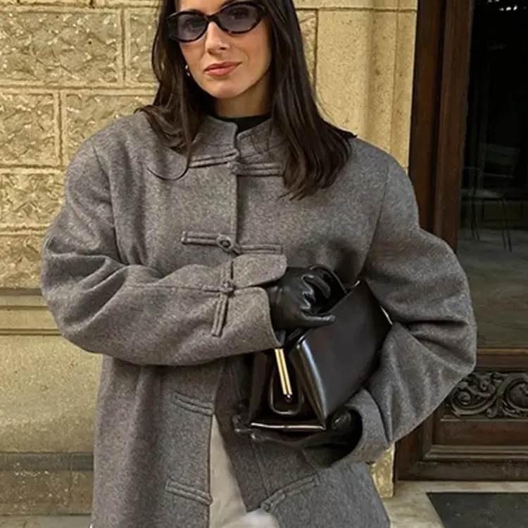Damen Boxy Wollmix-Kurzjacke mit Knebelverschlüssen und Stehkragen Drune