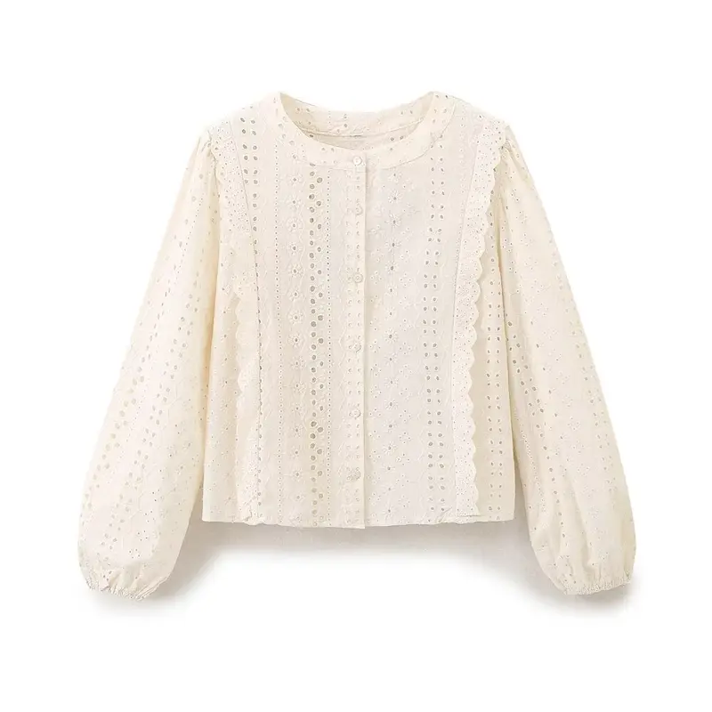 Damen Broderie‑Anglaise Bluse mit Rundausschnitt, Ballonärmeln und Spitzenbesatz Drune