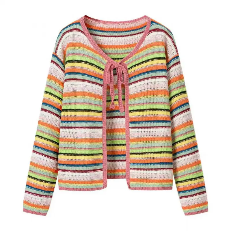 Damen Bunte Cropped Ajourstrick‑Cardigan mit Bindeband und geripptem Saum Drune